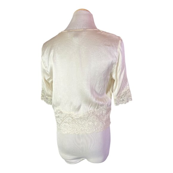 Vintage Express XS Open-Front Silk Jacket Lace Trim Elbow Sleeves White - Picture 5 of 12